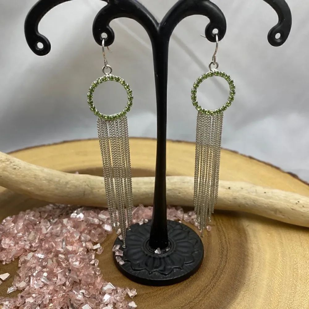 Green Rhinestones Silver Multi Chain Earrings - Picture 4 of 6